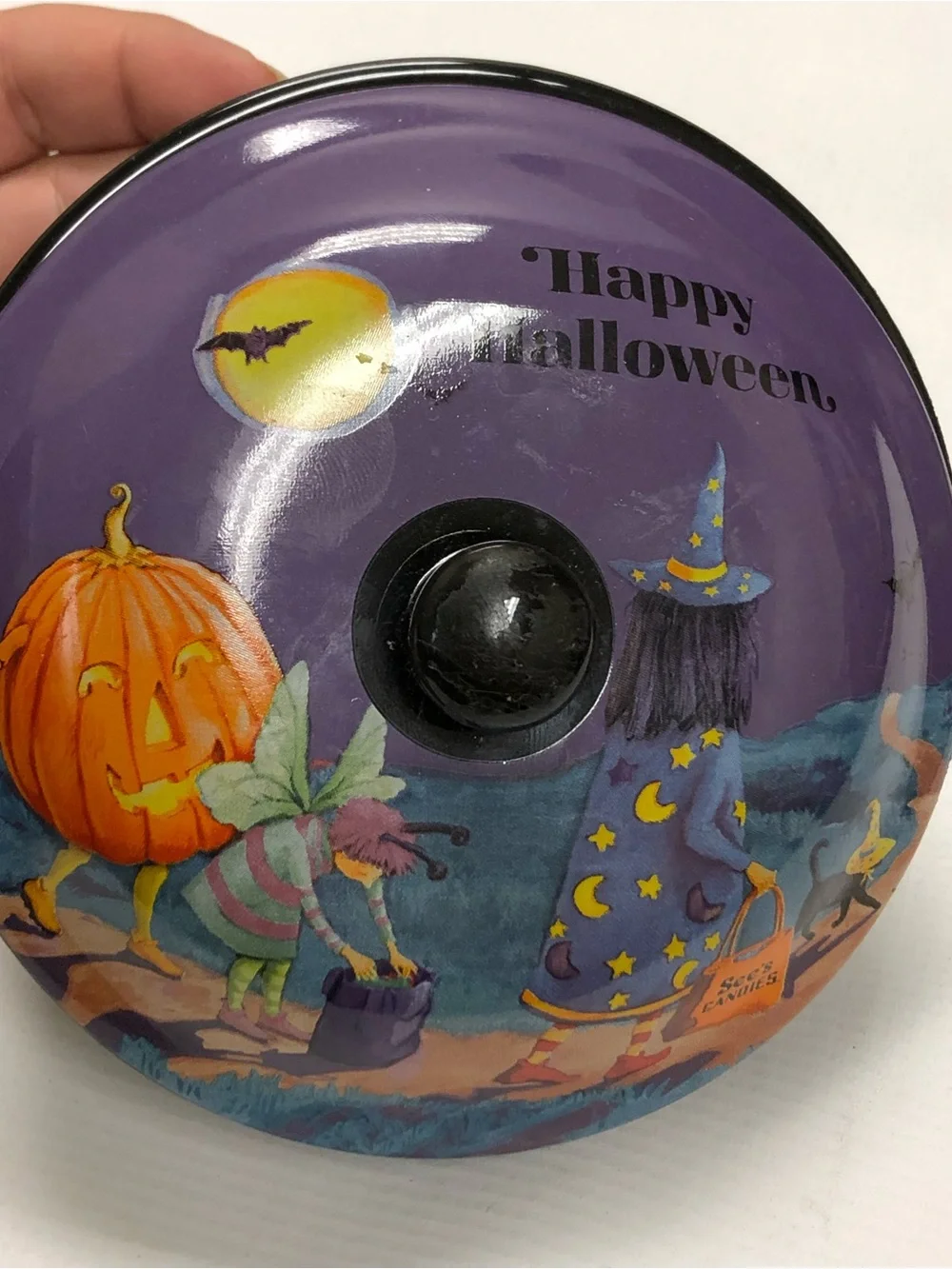 Witch Black Cat Trick or Treat Halloween Candy Dish with Lid Pumpkin